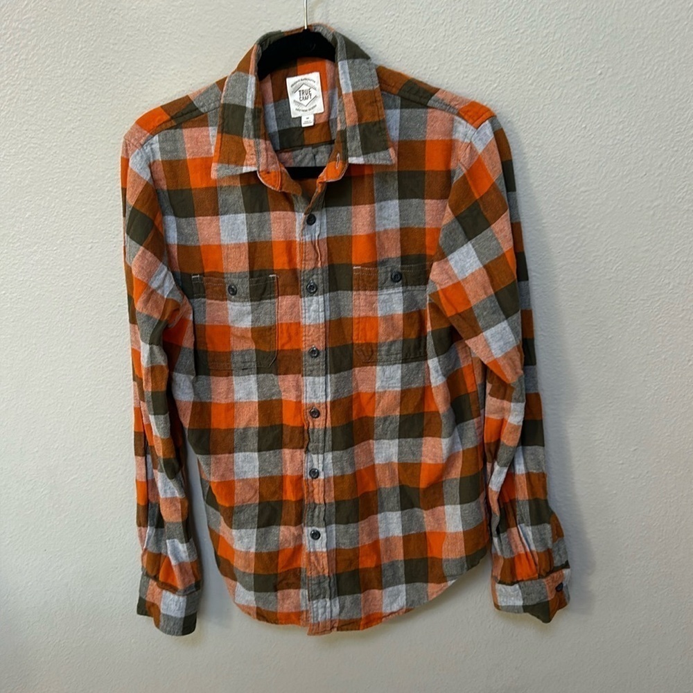 True Craft Orange Green Gray Flannel Plaid Button Down Shirt, men’s medium
